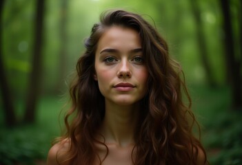 Fototapeta premium A young woman with long, wavy brown hair stands in a forest, her serene expression and natural beauty captivating.