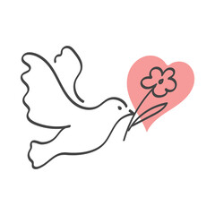 Dove bird holding flower icon. Symbol of Peace and Love. Pigeon sulhouette. Vector