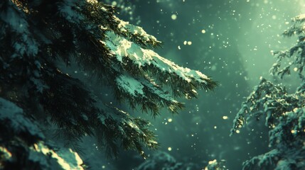 Fototapeta premium Snow covered evergreen branches in a winter forest scene