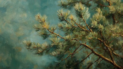 Oil Painting of Pine Branches Against a Teal Sky