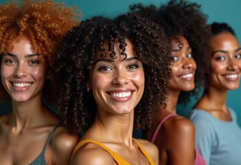 Fototapeta premium Four diverse women with beautiful smiles and curly hair, showcasing beauty and friendship.