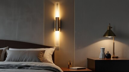 Modern bedroom with stylish wall lamp and bedside table.