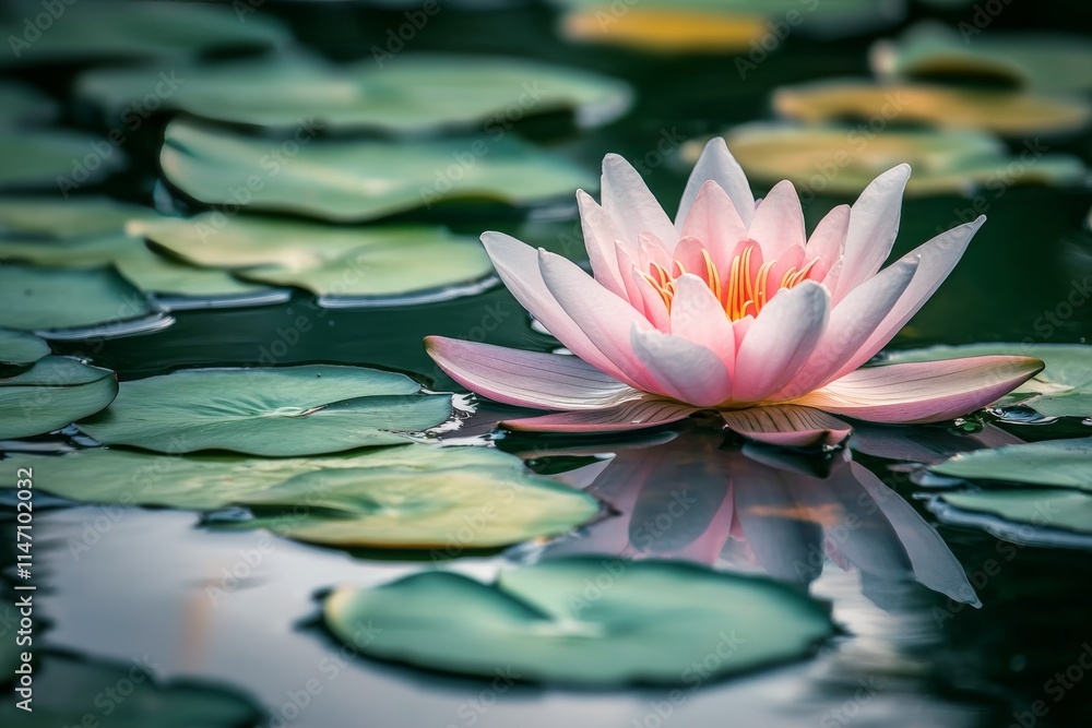 Canvas Prints Beautiful pink lotus flower blooming on serene water surface surrounded by green lily pads in a tranquil pond