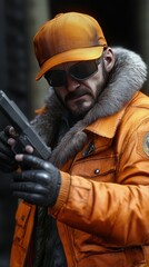 Confident individual in an orange coat and hat aiming a gun outdoors with a serious expression in a dramatic