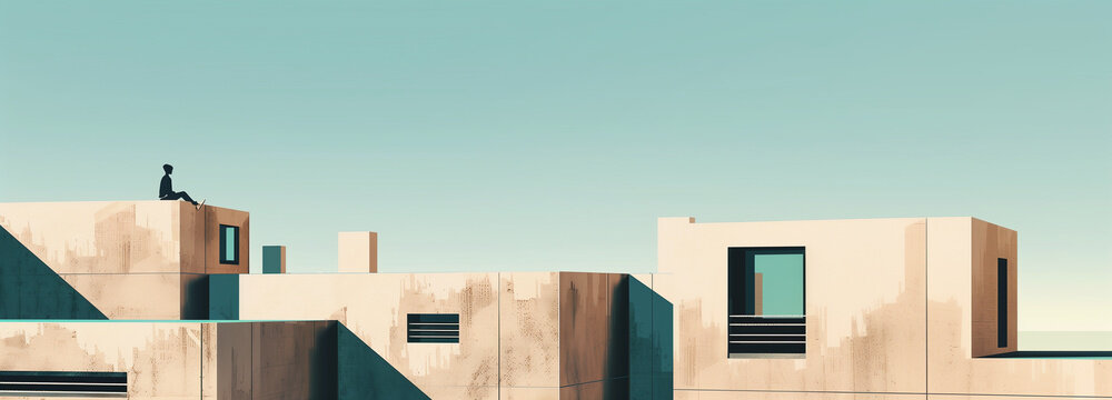 A solitary figure sits atop minimalist, abstract buildings under a soft gradient sky, evoking calm and contemplation.
