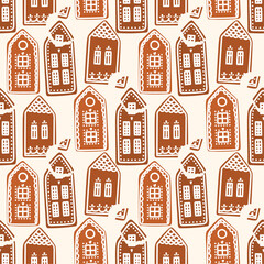 Materiał do szycia Seamless gingerbread house pattern for Christmas. Cute winter holiday background. 