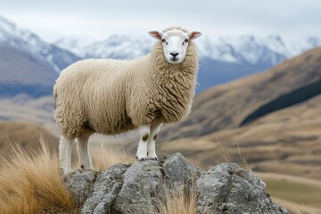 Obraz premium White sheep standing atop rocky landscape under clear blue sky at midday in a tranquil rural area