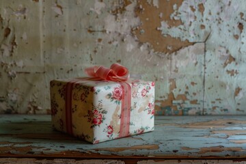 Floral gift box tied with a pink ribbon sitting on a rustic wooden surface
