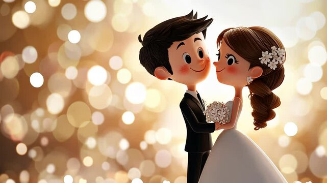 Romantic Wedding Couple Silhouette Illustration with Cake and Flowers