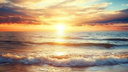 Fototapeta premium Golden sun rising over tranquil ocean waves, painting sky in vib