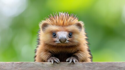 Naklejka premium A cute little hedgehog peering over a wooden fence against a soft green bokeh background.