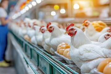 Rows of chickens in a modern poultry facility showcasing cleanliness and natural light
