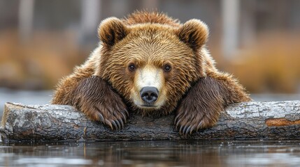 Fototapeta premium A close-up of a bear resting on a log by the water, showcasing its fur and serene expression.