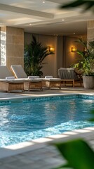 Fototapeta premium Relaxation area with indoor pool surrounded by plants and comfortable seating in a serene atmosphere near a