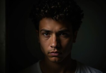 Obraz premium Close-up portrait of a young man with curly hair, serious expression, low-key lighting.