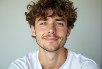 Obraz premium A young man with curly brown hair and green eyes smiles gently at the camera.