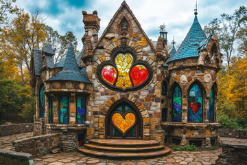 A stone building with stained glass windows in the middle of it