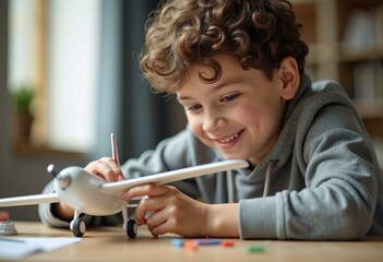 A joyful boy engrossed in assembling his model airplane, showcasing his keen interest in aviation.