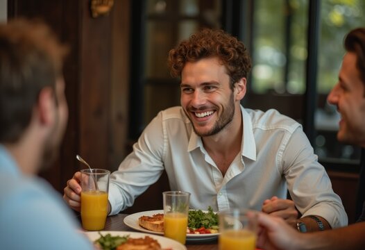 A happy man enjoys brunch with friends, smiling and sharing a meal.