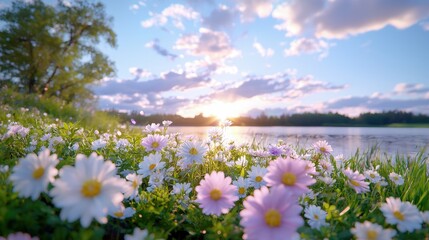 Obraz premium Wildflowers blooming on a grassy lakeshore at sunset under a cloudy sky.