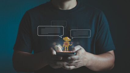 AI Artificial Intelligence, Digital chatbot, Man chatting with digital assistant chatbot on mobile phone on internet application, Future of customer service utilizes AI chatbot for instant assistance.