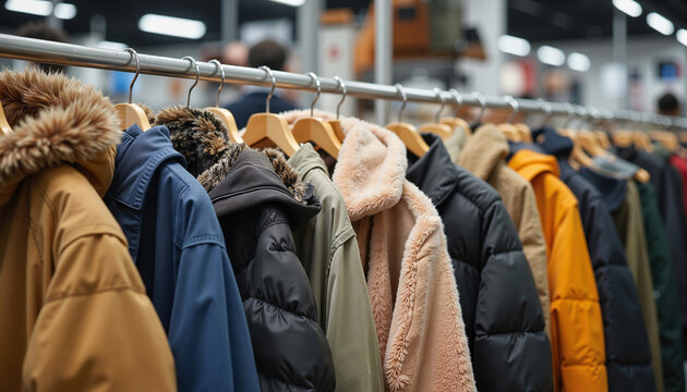 Fashionable winter jackets hanging on display in a clothing store