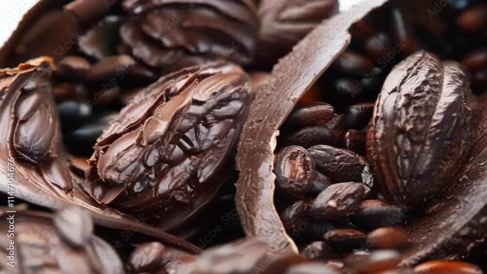 Poster open cocoa pod revealing cocoa beans surrounded by other cocoa pods, showcasing the source of chocol