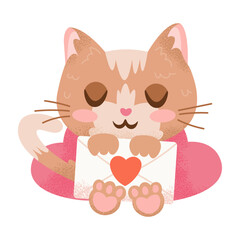 Cartoon red cat holding love letter in hands. Valentines Day character in love. Lovely ginger kitty with hearts. Romance concept. Cute textured hand drawn animal. Isolated flat vector illustration.