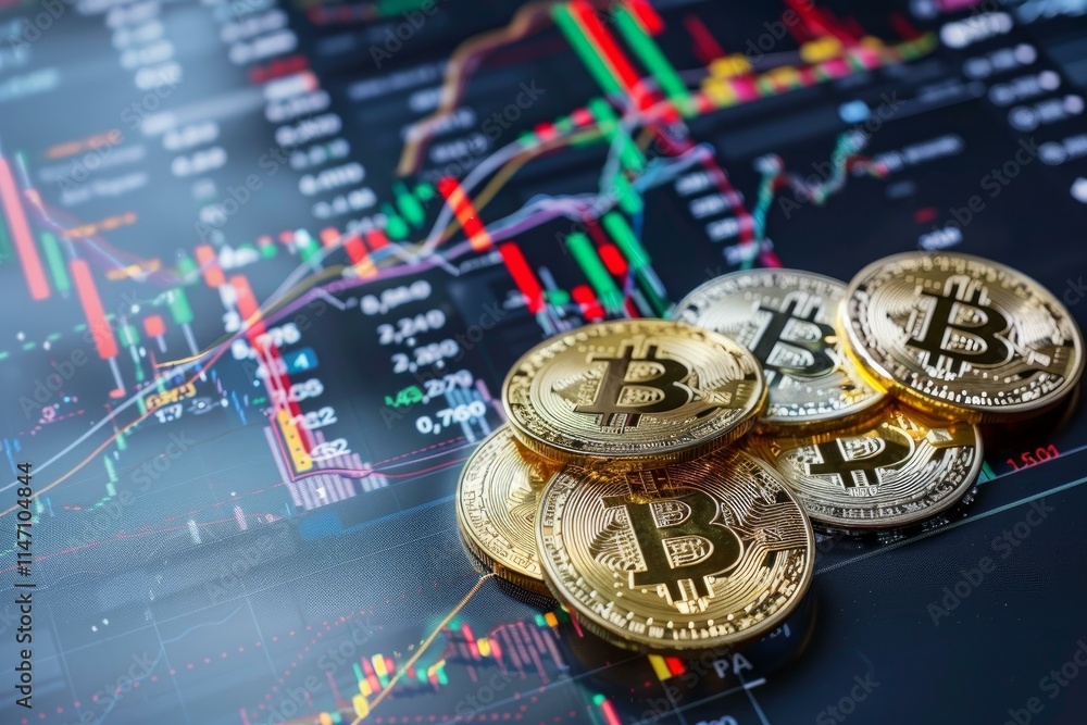 Poster golden bitcoin coins are lying on a computer screen showing candlestick charts with price evolution