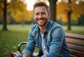 Happy man smiles in autumn park, sitting on bench wearing denim shirt.