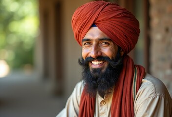 A smiling Sikh man with a long beard and mustache, wearing a traditional red turban.