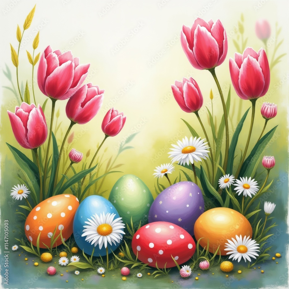 Poster the image is a digital illustration of a group of colorful easter eggs and flowers. the background i