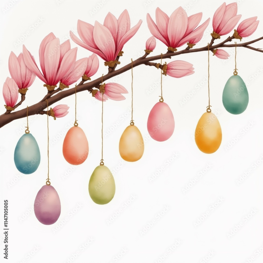 Poster the image is a digital illustration of a branch with pink magnolia flowers and colorful easter eggs 