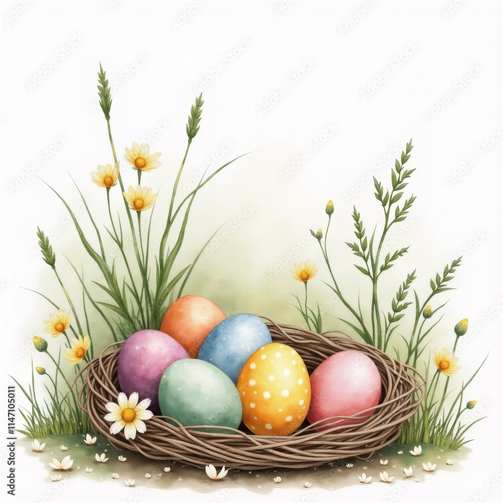 Poster the image is a digital illustration of a nest filled with colorful easter eggs. the nest is made of 