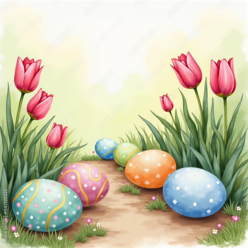 Poster the image is a digital illustration of a group of colorful easter eggs in a garden. the eggs are sca
