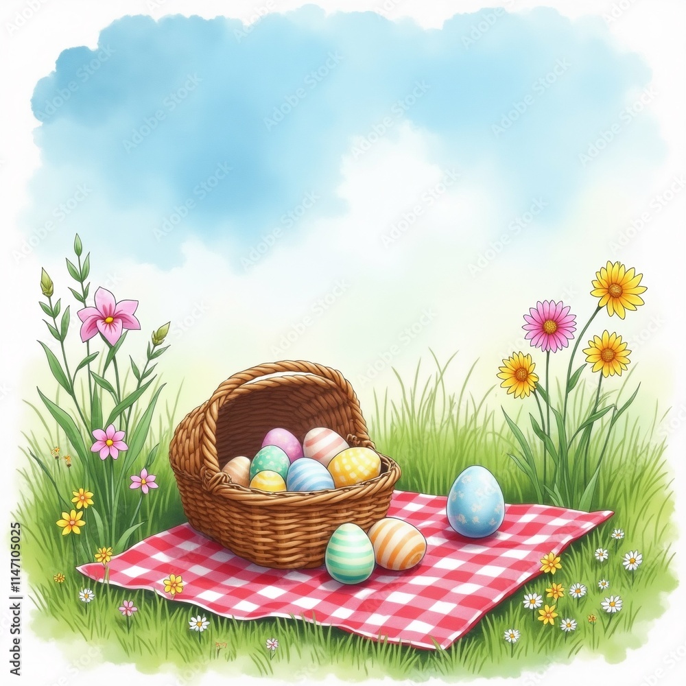 Poster the image is a digital illustration of a picnic scene in a grassy field. there is a red and white ch