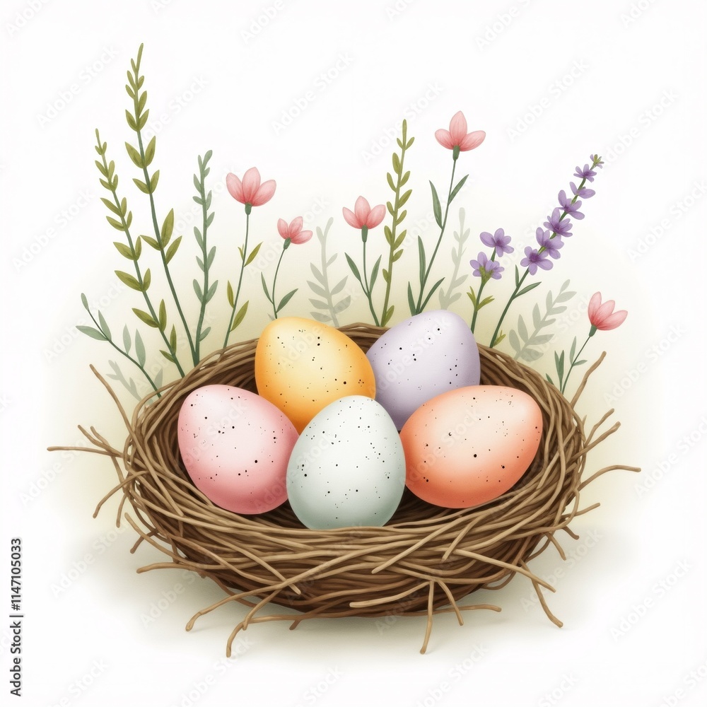 Poster the image is a digital illustration of a nest with six eggs in it. the nest is made of twigs and is 