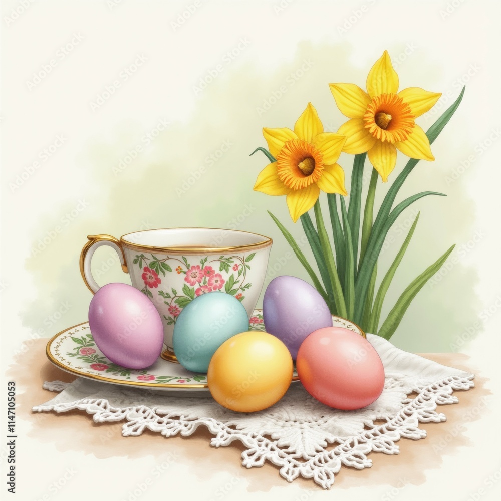 Poster the image is a digital illustration of a table setting with a white doily on the table. on the table