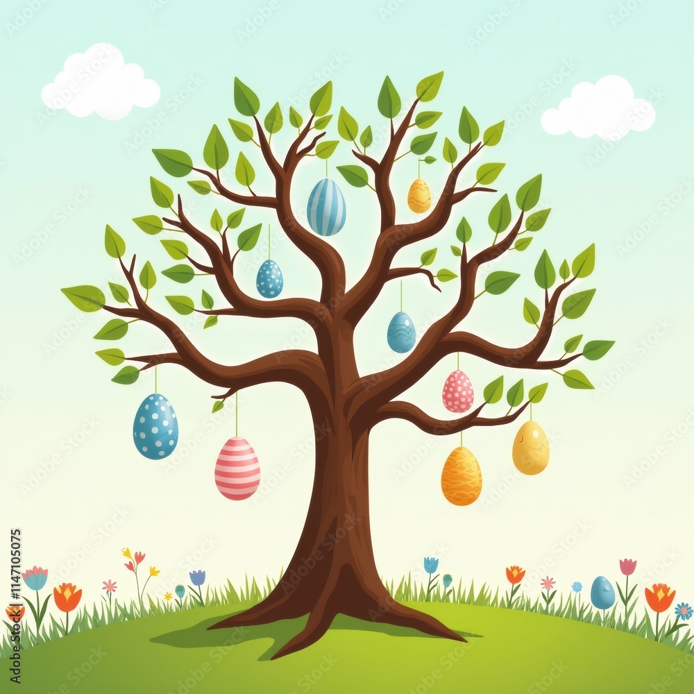 Poster the image is a digital illustration of a tree with colorful easter eggs hanging from its branches. t