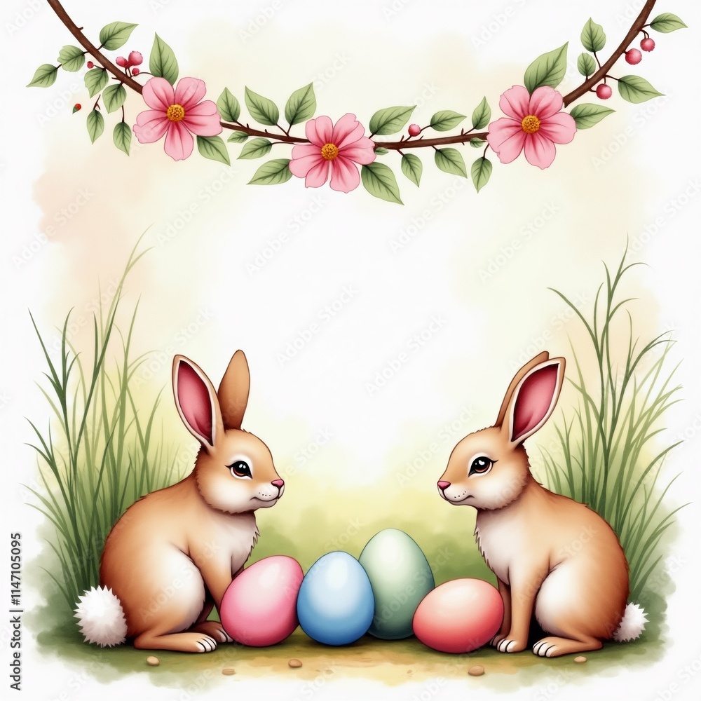 Poster the image is a digital illustration of two rabbits sitting in a grassy field with a bunch of colorfu