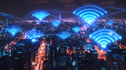 blue holographic Wi-Fi symbols hovering above the city, creating a futuristic network grid