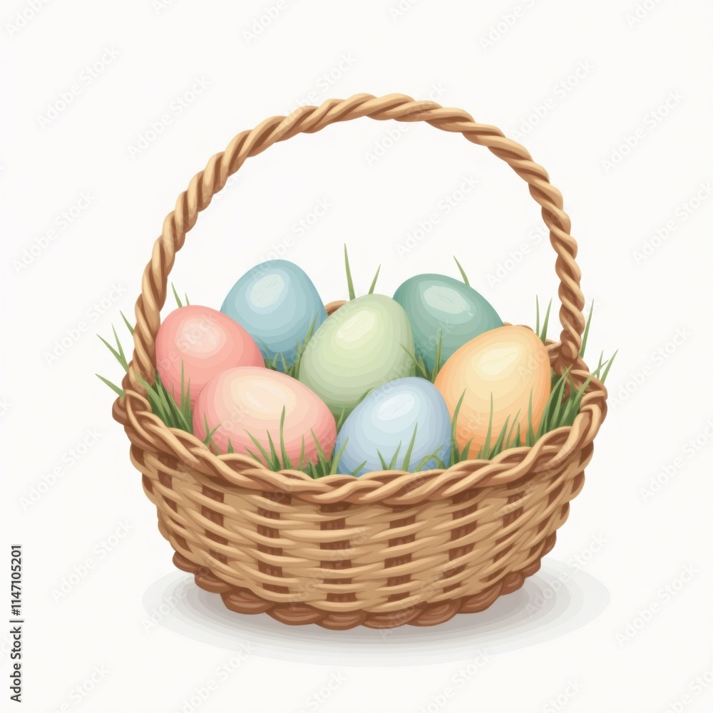Poster the image is of a wicker basket filled with colorful easter eggs. the basket is made of light brown 