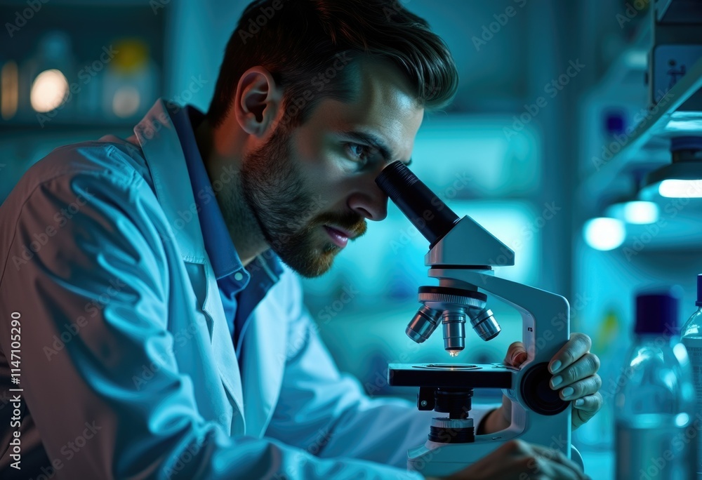 Aufkleber a male scientist intensely examines a sample under a microscope in a laboratory setting.