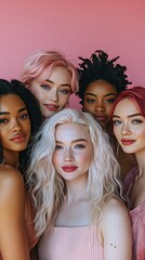 Obraz premium Five women with diverse hairstyles pose together against a pink backdrop, showcasing unity and beauty in a fun
