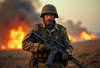 Naklejka premium A soldier, armed with a rifle, stands amidst a fiery battlefield, a stark image of war's harsh reality.
