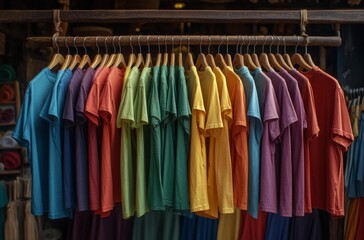 Collection of colorful t-shirts hanging on wooden rack in rustic market setting during sunny daytime