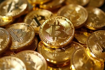 Closeup of many golden bitcoin cryptocurrency coins, suggesting the concept of a bull market and rising prices