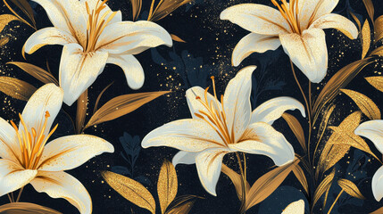 Elegant golden lilies on a dark background create a striking floral pattern perfect for home decor © Dream maker