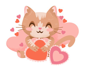 Cartoon red cat holding Valentines Day cards in hands. Ginger kitty character in love. Romance concept pet hugs heart. Cute textured hand drawn animal. Isolated vector illustration in flat style.