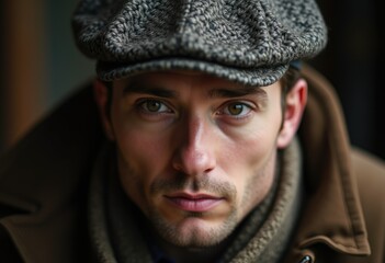 Close-up portrait of a man with brown eyes, wearing a tweed cap and brown jacket.